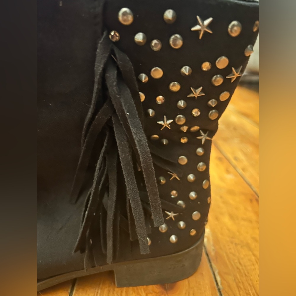 Black Studded Fringe Ankle Boots